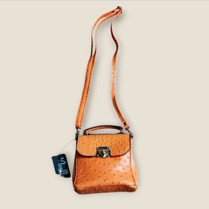 NWT Noelle Orange Mini Ostrich Convertible Crossbody Handbag